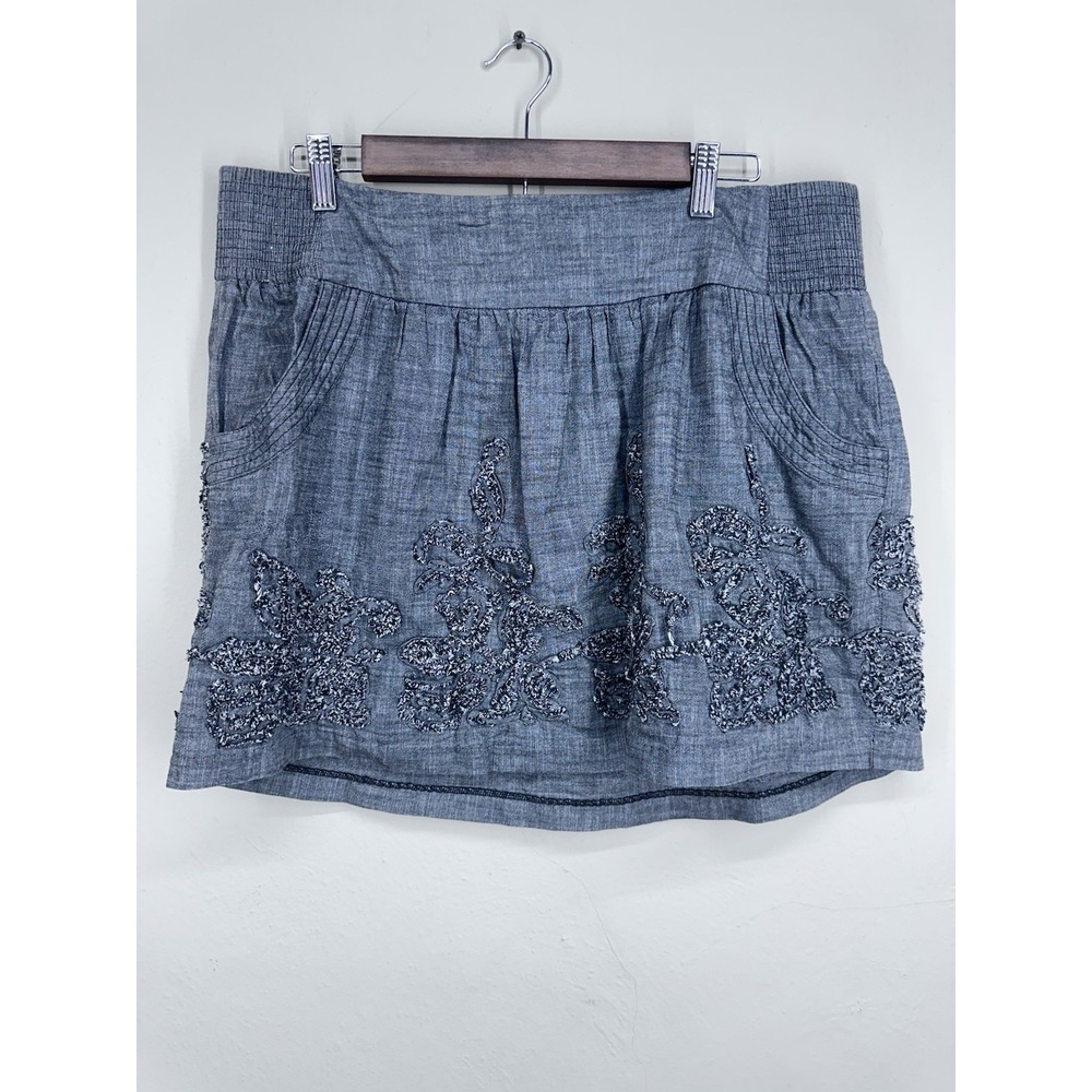 PLUS SIZE Y2K Grunge Chambray Elastic Waist Applique Mini Skirt Size XL